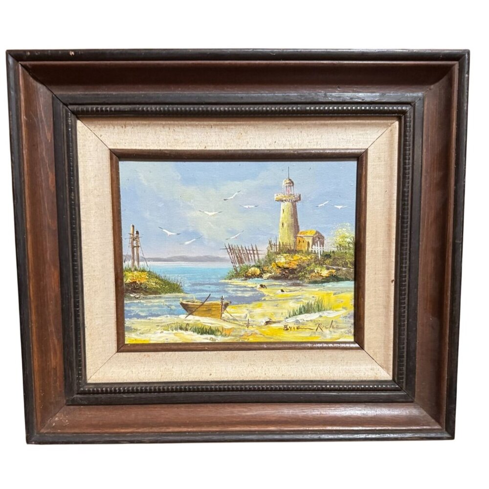 Vtg Home in the Lighthouse by Brian Roche Oil Painting Signed w/ COA 17" X 15"